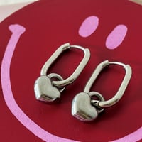 Image 1 of Oval Huggie Hoops with Lock Heart