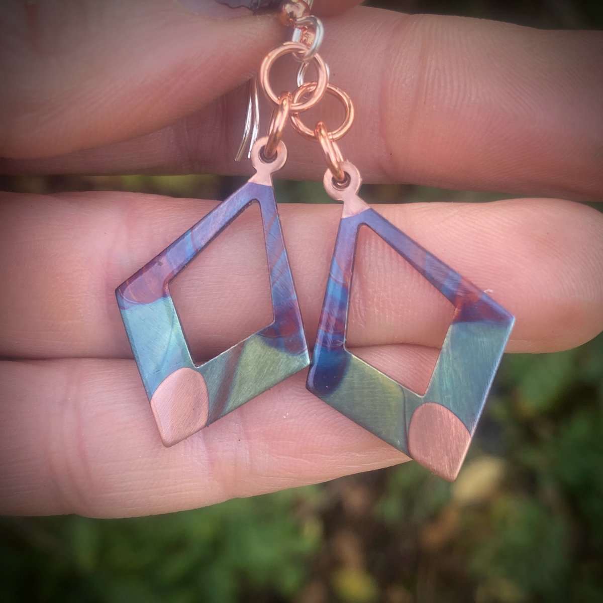 Flame Painted Copper Diamond Earrings