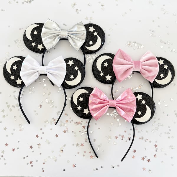 Image of Moon and Stars Mouse Ears with Pink, Silver and White Bows 