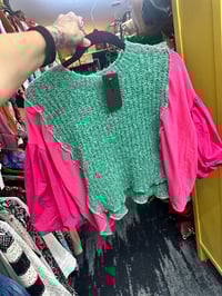 Pink & Green Cropped Puffy Sleeve Top
