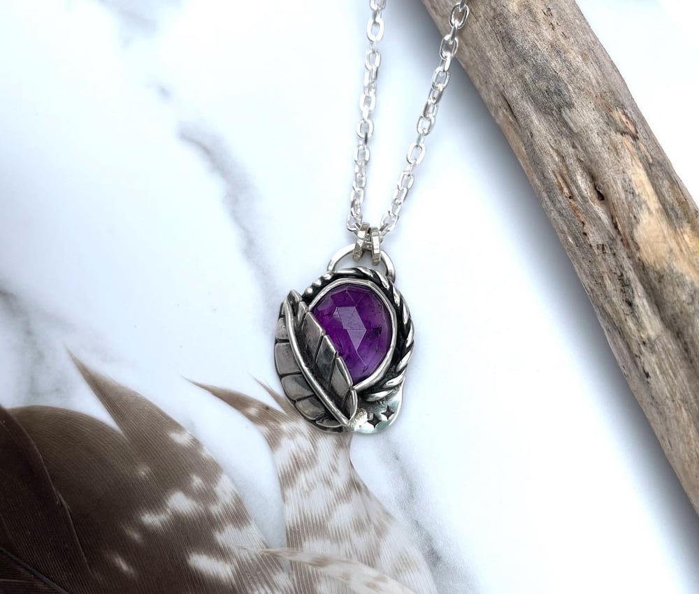 Handmade Sterling Silver Amethyst Pendant Star Leaf Detail 925