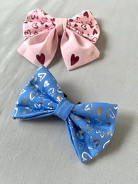 Image 4 of Handmade Valentine Dog Bow - Pink or Blue with Metallic Heart Vinyl Print