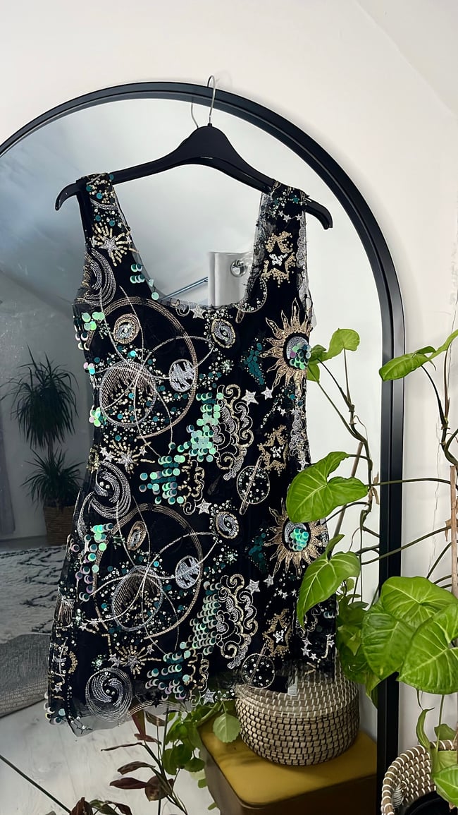 The Universe Dress. Heavily embellished tulle velvet dress