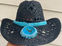 Image 1 of Black Open Weave Cowboy Hat Blue Bead Band 