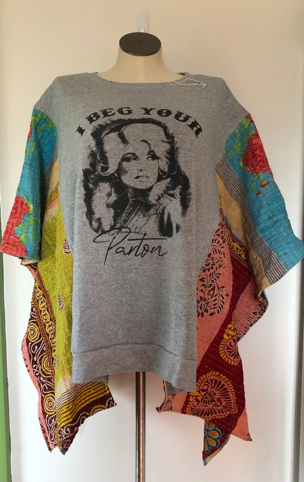 Upcycled “Beg Your Parton” fleece vintage quilt poncho