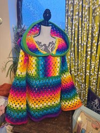 Image 2 of HYPER RAINBOW - Rainbow crochet full length large hooded jumper - long hoodie