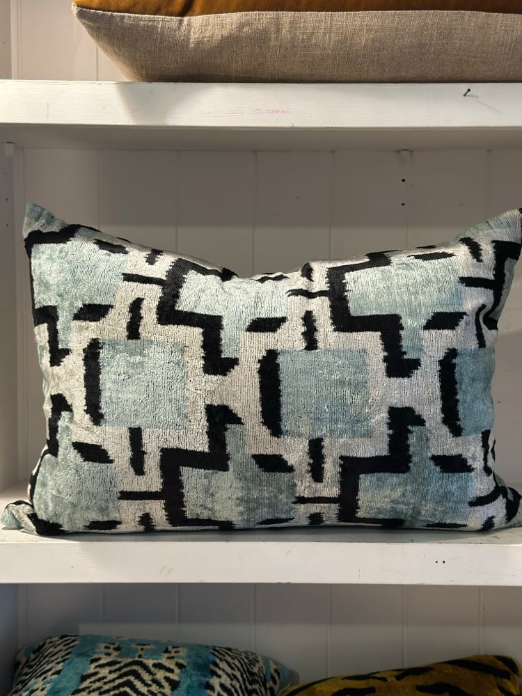 Image of Sky Blue Geometric Velvet Cushion