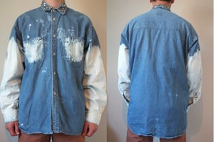 Image of Oversized sleeves and pocket bleached studded denim shirt - Unisex 