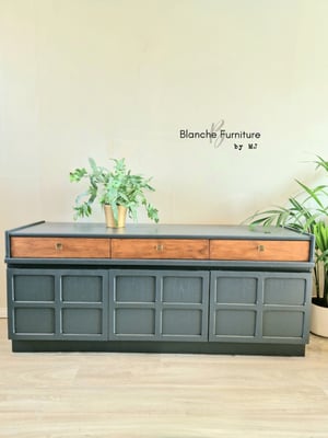 Image of Custom Order: Gorgeous Nathan Square Sideboard in Olive Green with Brushed Steel fittings 