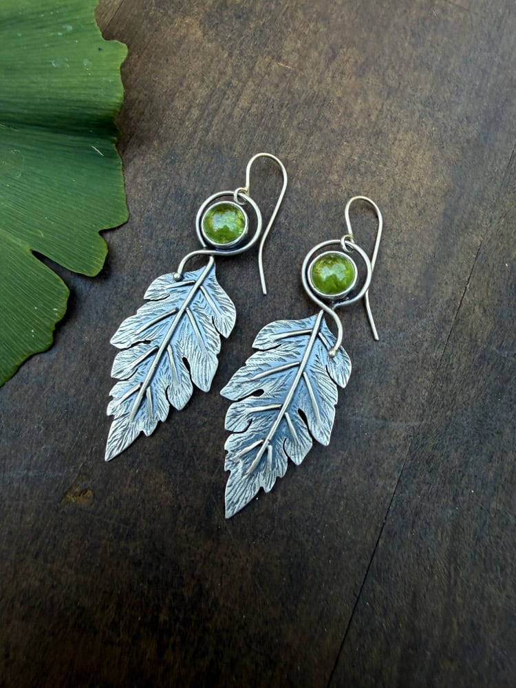 Image of Acanthus Leaf Loop-Stem Sage Green Apatite Dangle Earrings