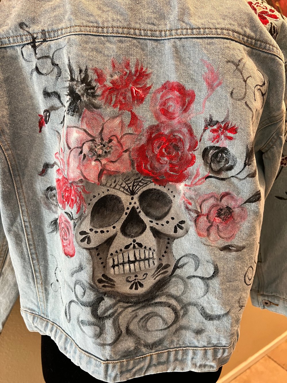 Vintage Blue Jean Jacket Hand Painted Day of the Dead - Medium