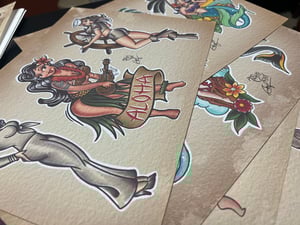 Image of 8”x10” Pin Up Travel Tattoo Flash 01 Std Cardstock 10 Sheet Set w/ Lines