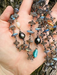 Image 18 of wire wrapped labradorite turquoise and Tahitian pearl necklace