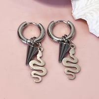 Image 2 of Double Huggie hoops - silver with snake and spike