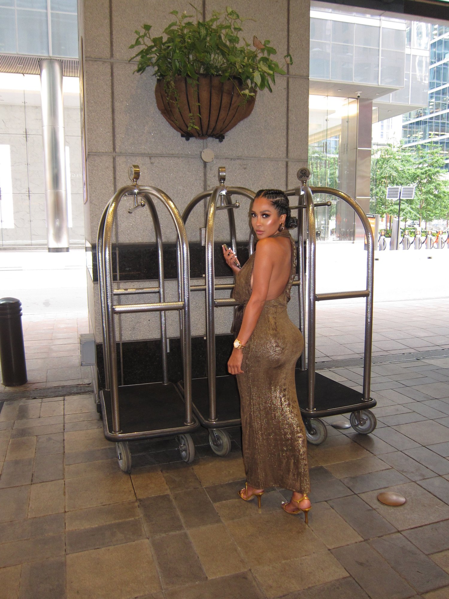 Image of ZARA BRONZE LONG FOIL HALTER DRESS (XS)