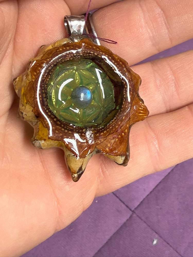Image of Green Flower of Life Pinecone Charm with Labradorite Center | Handmade PNW Resin Jewelry | #108