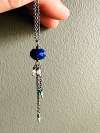 Image 6 of faceted lapis pendant with Kingman turquoise and pearl fringe