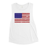 Image 3 of USA Flag Distressed - Tank, Flowy Swoop Ladies’ Muscle Tank from PatriotsCo.com