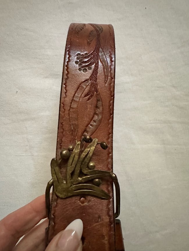 70s hanscrafted leather tooled belt with artisan brutalist buckle