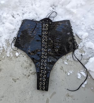 Image of SAMPLE SALE - Infinity Lace Up Hotpants in black croc PVC (Size XS/S)