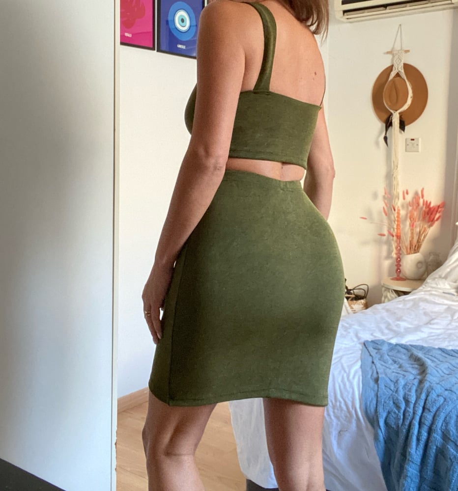 Image of Khaki Green Smoothing Stretch Crop Top & Shorts 