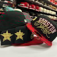 Image 1 of New Era 59Fifty Black Scarlet Gold Script