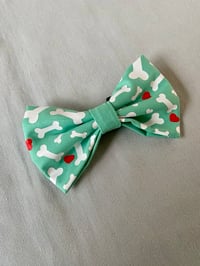 Image 3 of Valentine Dog Sailor Bow - Handmade Lilac or Mint Green with Bones and Hearts Design