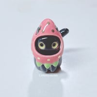 Image 1 of Black Cat With Strawberry Hat Ceramic Figurine 2