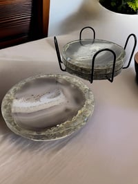 Image 3 of Set of 4 Agate & Grey Moonstone Crystal Resin Coasters With Holder 'The Eternal'