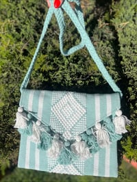 Image 3 of Knit Crossbody with Poms - Mint 