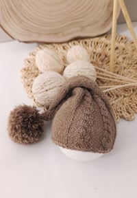 Image 1 of Photo prop | Newborn knitted sleep hat for photoshoot | brown | with pompom