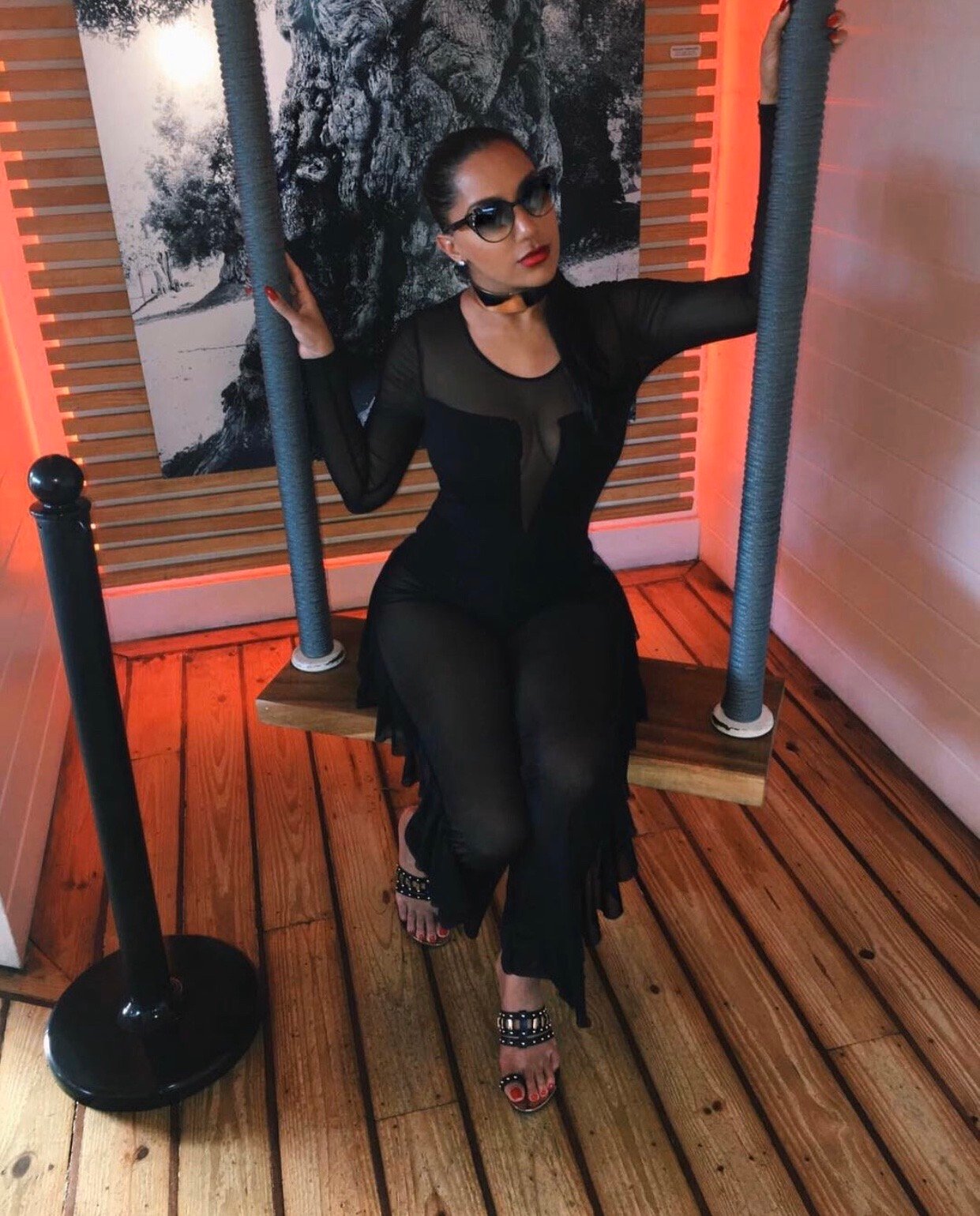 Image of BLACK SHEER BODYSUIT & FLARE PANTS (SMALL)