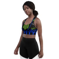 Image 4 of Black, Blue, and Neon Green Longline Sports Bra