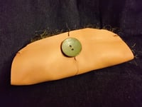 Image 4 of Beige leather envelope style clutch bag with crocheted front (green)