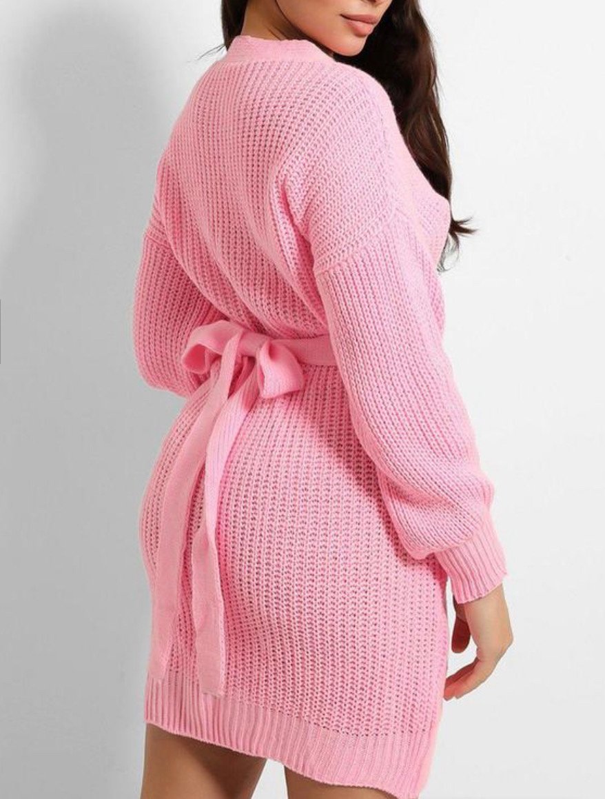 Image of Sugar pink chunky knit waist tie midi cardigan 