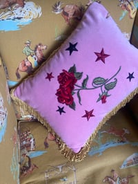 Image 4 of Pink velvet, red rose cushion with stars and gold fringe