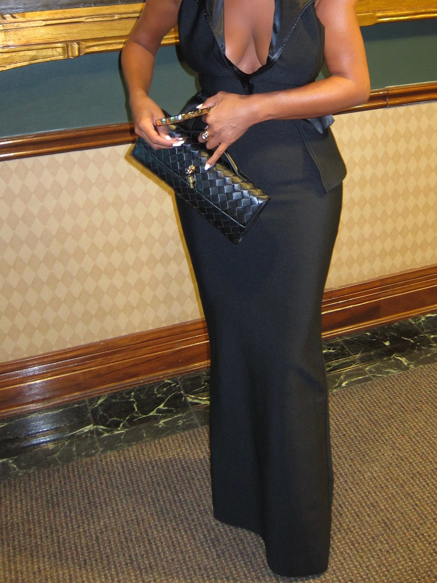Image of BLACK DEEP V COLLARED MAXI BANDAGE DRESS (XS)