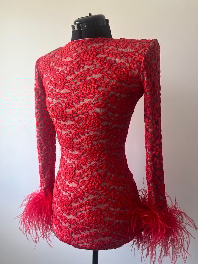 Image of Red lace mini dress with ostrich feather cuffs size 6 