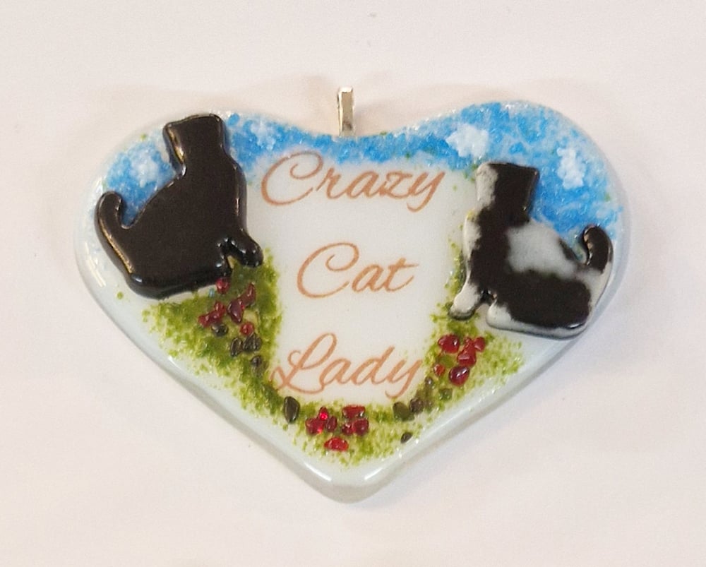 Image of Fused Glass White 'Crazy Cat Lady' Heart