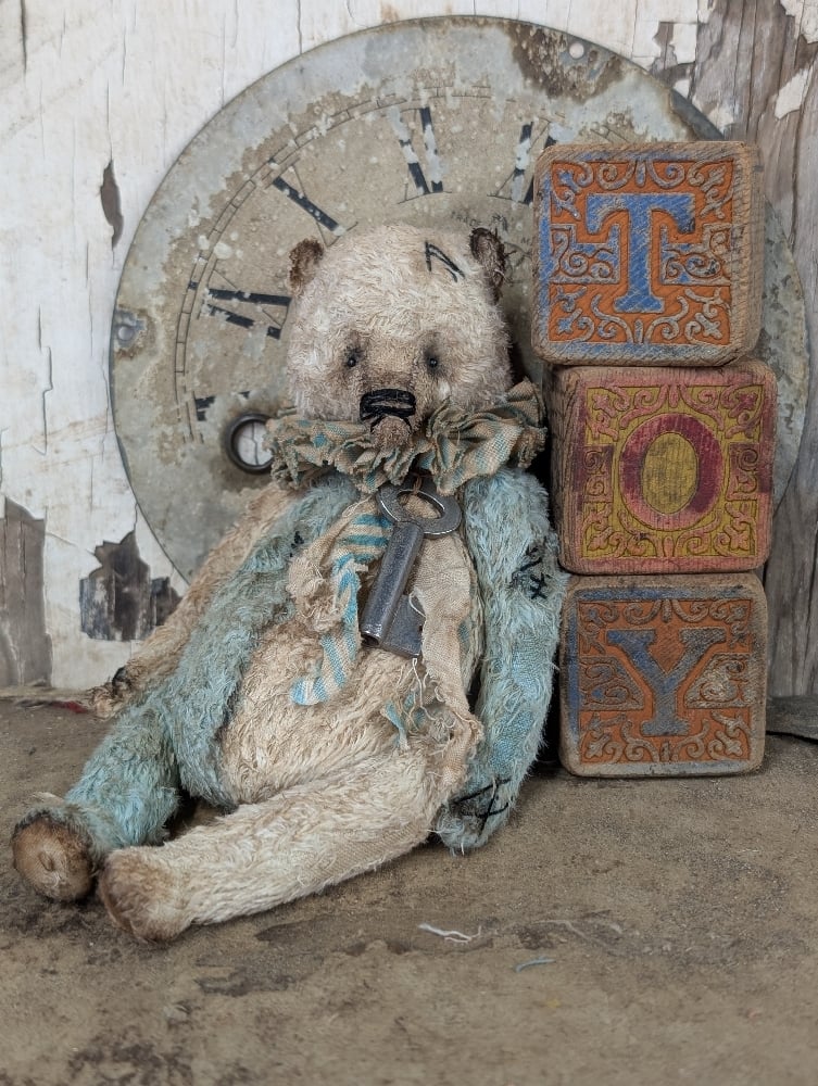 Image of  7" -Vintage Old Primitive CReAM & BluE Teddy Bear   by Whendi's Bears