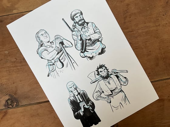 Image of Four jurors. Original art ofr the witchcraft game.