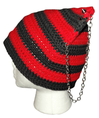 Image 3 of Red and Black Striped Crochet Cat Beanie, Studded Chain Ears, Alternative Style Wear