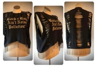 Upcycled “Rock and Roll” shredded and metallic fringe tee
