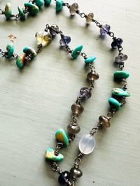 Image 13 of iolite turquoise petal and grey moonstone necklace with pearl opal fringe pendant