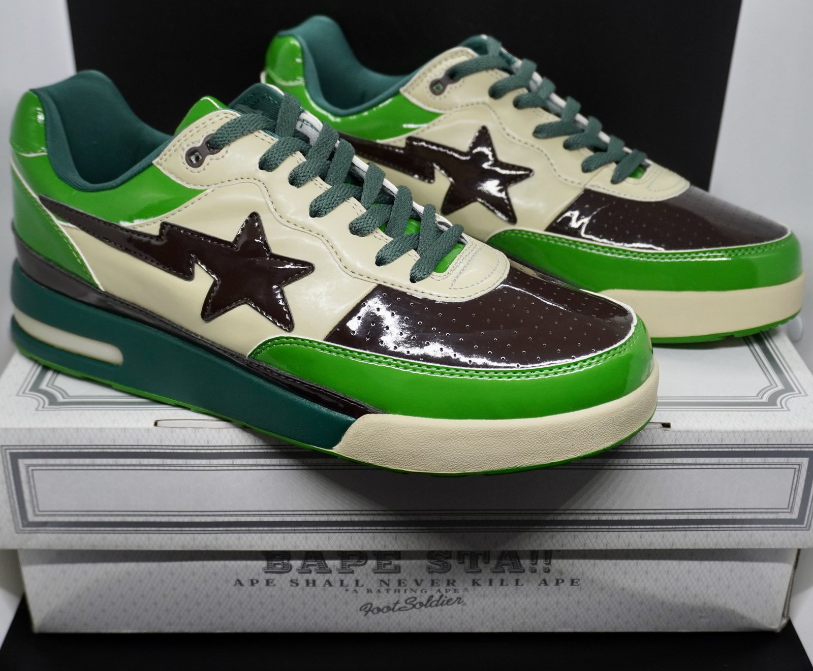 A Bathing Ape patent leather Roadsta green/brown