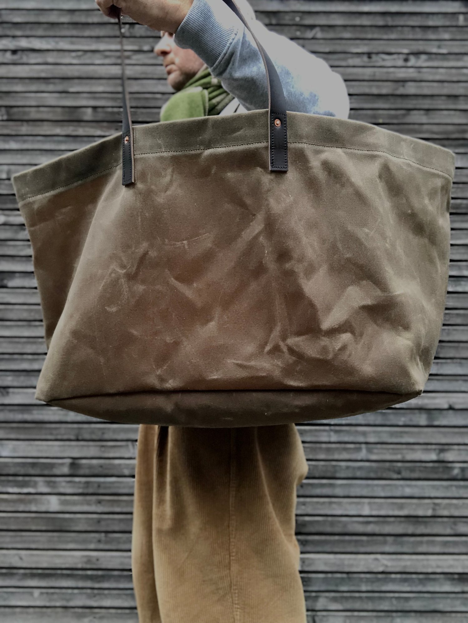 Image of Large waxed canvas tote bag with leather handles / canvas market bag / carry all bag COLLECTION UNIS