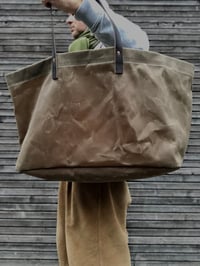 Image 3 of Large waxed canvas tote bag with leather handles / canvas market bag / carry all bag COLLECTION UNIS
