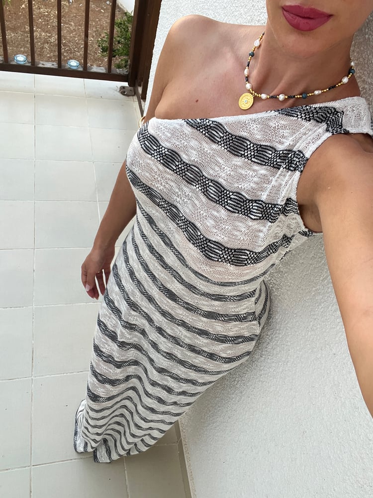 Image of Stripe Knit Asymmetric Maxi Dress 