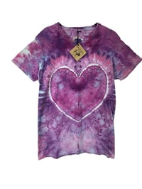 Image 2 of ♻️ UPCYCLED S Unisex Heart Tee in Pinkish Purple Ice Dye