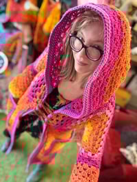 Image 3 of THE PORANGE PRINCESS - crochet art duster - pink orange yellow maxi long hooded cardigan 
